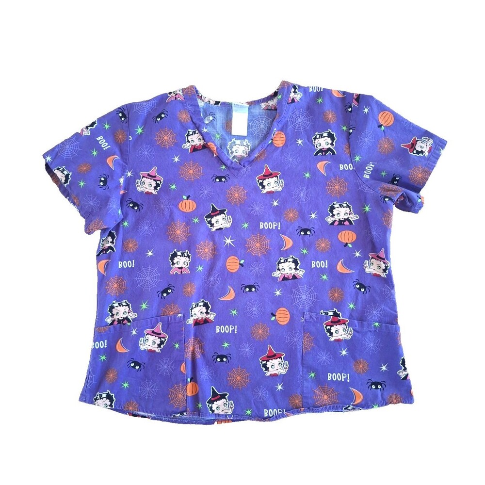 Betty Boop Scrub Top Womens Large Purple Cute Halloween Nurse Cartoon Workwear
